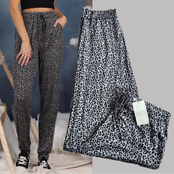 NWT Gray & Black Leopard Print Relaxed Fit Drawstring Waist Jogger Casual Pants - Picture 4 of 10